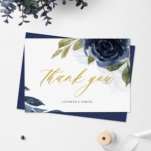 Tarjeta de agradecimiento azul marino, plantilla de agradecimiento de boda, descarga instantánea, tarjeta de agradecimiento editable, tarjeta de agradecimiento de la marina imprimible doblada #015