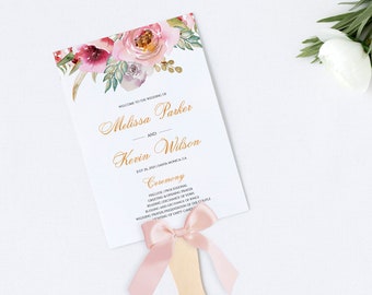 Plantilla de abanico del programa floral, plantilla de programa de boda imprimible, descarga instantánea, ceremonia de boda editable, plantilla de abanico del programa rosa #001