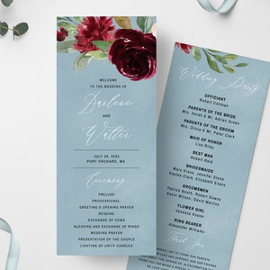 May include: Wedding ceremony program with a blue background and watercolor floral design. The program lists the officiant, parents of the bride and groom, maid of honor, best man, bridesmaids, groomsmen, flower girl, ring bearer, and a thank you message.