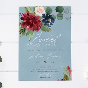 Dusty Blue Burgundy Bridal Shower Invitation, Instant Download, Editable Wedding Shower Invite, Printable Boho Bridal Shower Template #016
