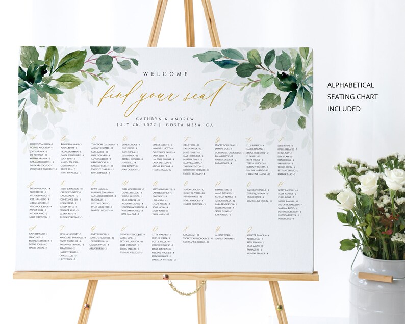 Greenery Gold Seating Chart Template Alphabetical Seating Chart Printable Seating Chart #017 Instant Download Editable Wedding Sign