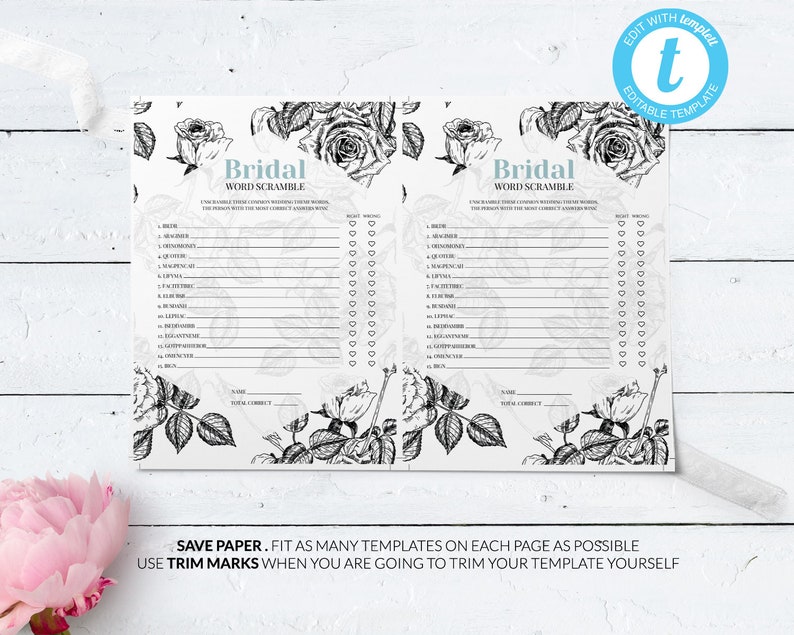 Bridal Word Scramble Game Editable Bridal Shower Game Template Instant Download Editable Bridal Shower Game #003 Printable Game Template