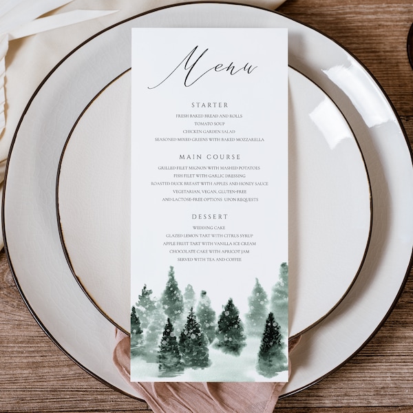 Winter Wedding Menu Template, Winter Wonderland Menu, Instant Download, Wedding Dinner Menu, Editable Menu Template, Printable Menu 022