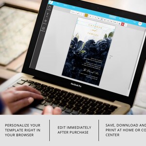May include: A laptop screen displaying a wedding invitation template with a navy blue and gold floral design. The text on the invitation reads "Cathryn and Samuel".