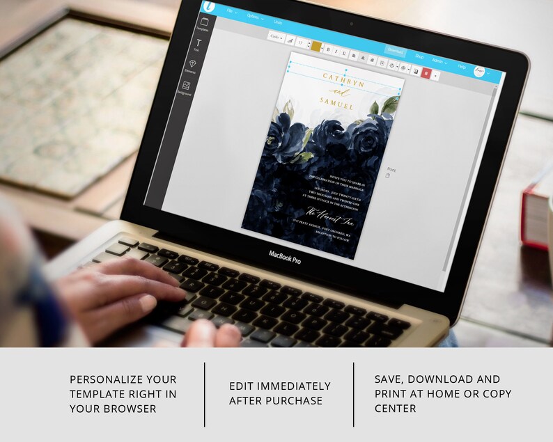 May include: A laptop screen displaying a wedding invitation template with a navy blue and gold floral design. The text on the invitation reads "Cathryn and Samuel".