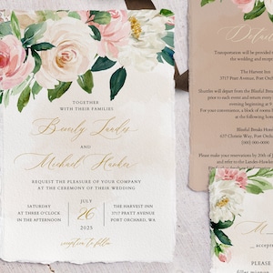 Invitación de boda de rubor marfil, descarga instantánea, conjunto de boda imprimible, confirmación de asistencia, tarjeta de detalles, plantilla de invitación de boda beige editable #014