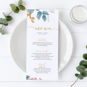 Plantilla de menú de boda de flores silvestres, menú de boda imprimible, descarga instantánea, tarjeta de menú floral editable, plantilla de tarjeta de menú de boda #009