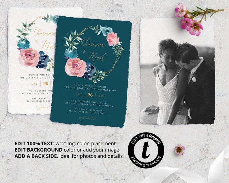 Instant Download Printable Rose Wedding Invitation Set Editable Blue Wedding Invitation Template #010 Navy Rose Gold Wedding Invitation
