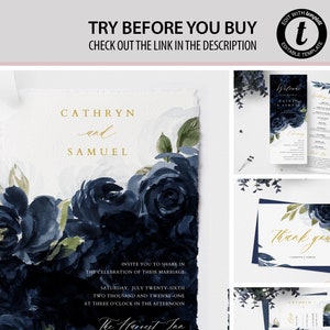Navy Blue Wedding Invitation Set, Wedding Invitation Bundle Template ...