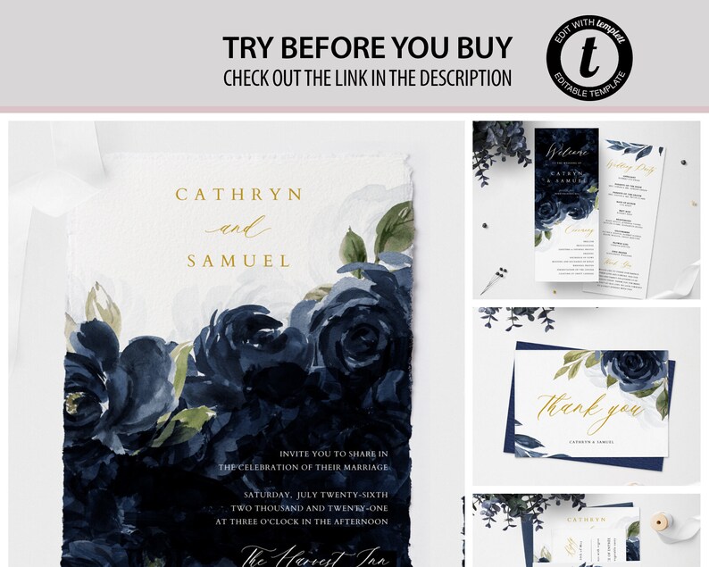 May include: A wedding invitation suite with a navy blue and gold floral design. The invitation features the names "Cathryn and Samuel" in gold script. The invitation text includes the date and time of the wedding, as well as the location. The suite also includes a welcome sign, a menu, and a thank you card.