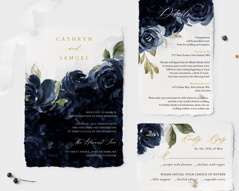 May include: A wedding invitation suite with a navy blue and gold floral design. The invitation features the names "Cathryn and Samuel" and details for a wedding ceremony and reception. The RSVP card includes a choice of entrees: fillet mignon, broiled salmon, or vegetable curry.