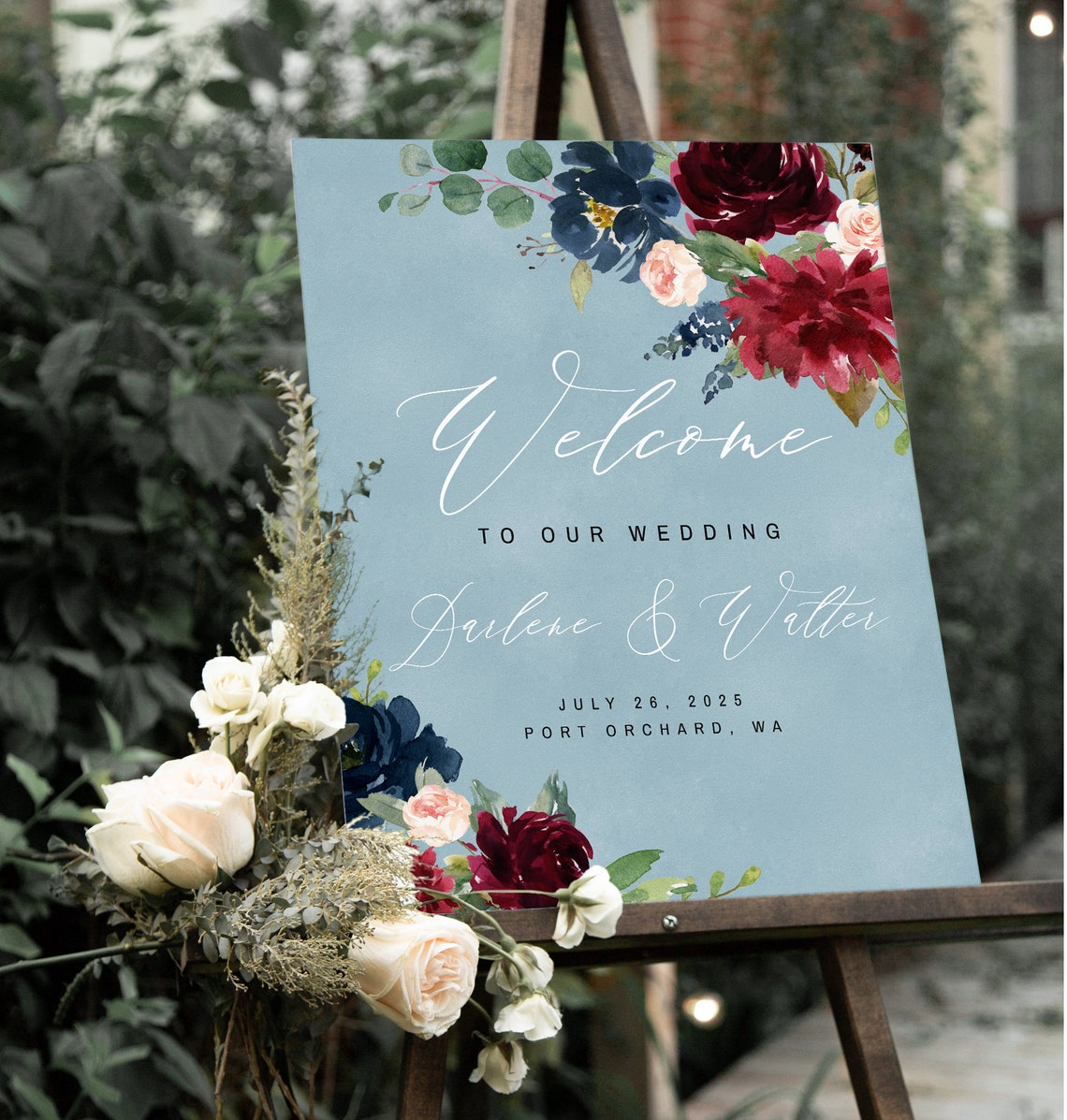 Dusty Blue Burgundy Wedding Welcome Sign Editable Welcome image 1