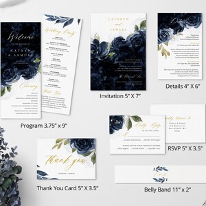 Navy Blue Wedding Invitation Set, Wedding Invitation Bundle Template ...