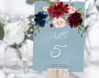 Dusty Blue Burgundy Wedding Table Number, Instant Download, Editable Table Card Template, Printable Table Numbers, Wedding Table Card #016