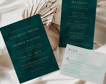 Invitación de boda verde terciopelo, descarga instantánea, código QR de RSVP, conjunto de invitaciones verde esmeralda y dorado, plantilla de boda verde bosque 024