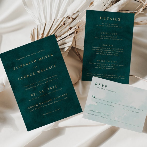 Velvet Green Wedding Invitaion, Instant Download, RSVP QR Code, Emerald Green And Gold Invitation Suite, Forest Green Wedding Template 024