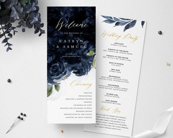 Navy Blue Wedding Program, Printable Wedding Program Template, Instant Download Editable Navy Blue Wedding Program Contemporary Program #015