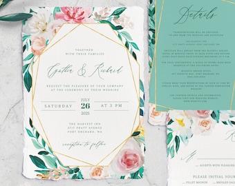 Mint Wedding Invitation, Instant Download, Printable Peony Wedding Invitation, RSVP, Details, Editable Wedding Invitation Template, DIY #012