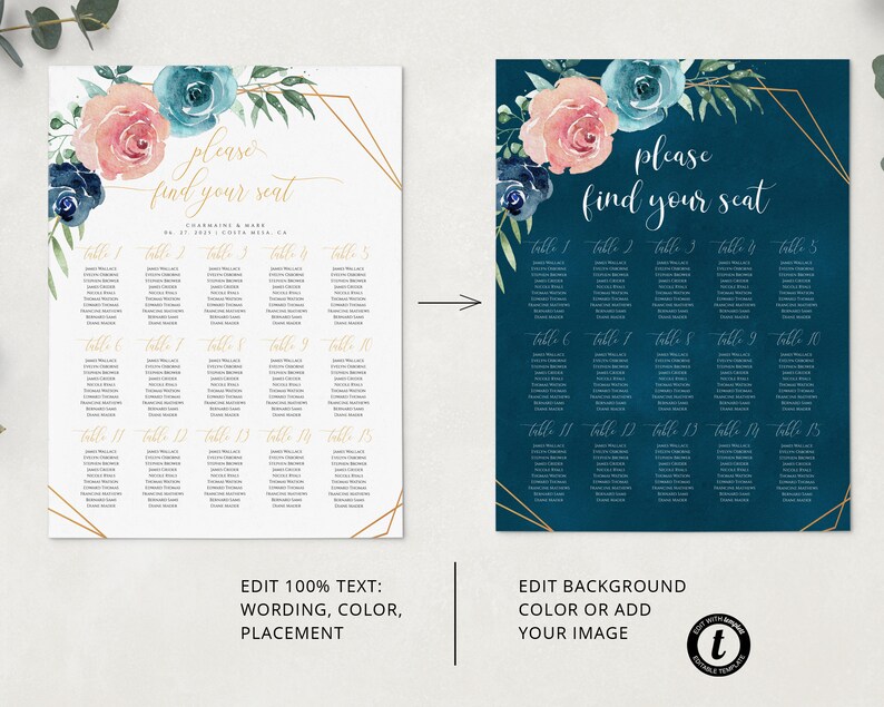 Instant Download Navy Blue /& Blush Seating Chart Template Alphabetical Sign Printable Seating Chart #010 Editable Wedding Seating Sign