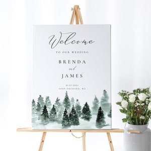 Letrero de bienvenida para boda con diseño de bosque nevado, plantilla de letrero de boda imprimible, letrero de bienvenida de invierno editable, letrero de bienvenida verde cazador, moderno 022