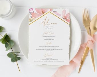 Pink Floral Wedding Menu Template, Printable Wedding Menu, Instant Download, Editable Watercolor Menu, Boho Wedding Menu Card Template #008
