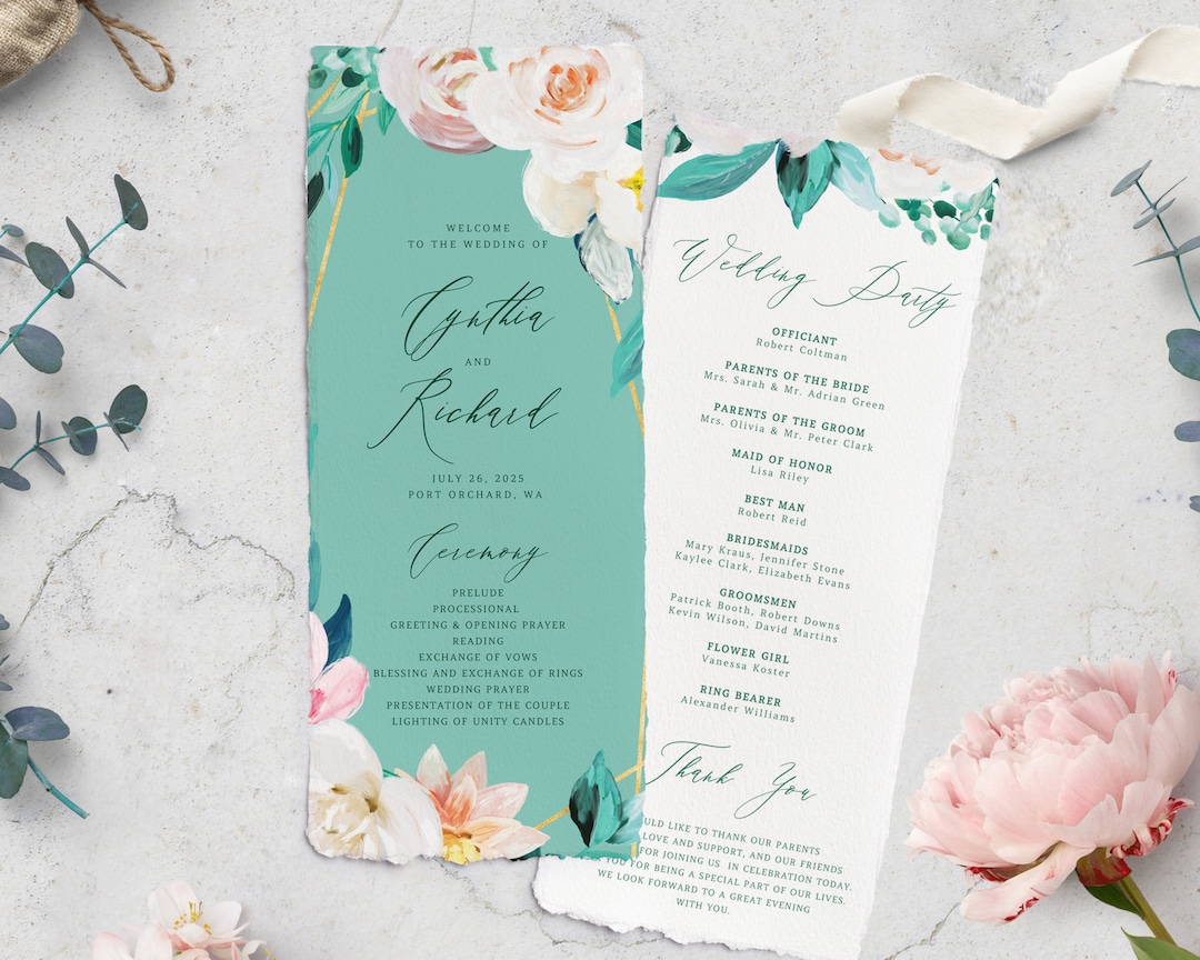 Mint Wedding Program, Printable Wedding Program Template, Instant