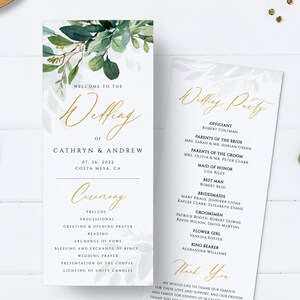 Grönt guld bröllopsprogram, utskrivbart bröllopsprogram, direkt nedladdning, redigerbart bröllopsprogram, boho eukalyptusprogram #017
