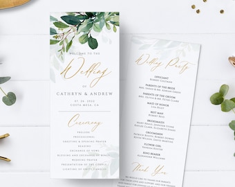 Greenery Gold Wedding Program, Printable Wedding Program Template, Instant Download, Editable Wedding Program, Boho Eucalyptus Program #017