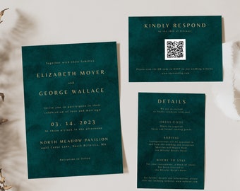 Emerald Gold Wedding Invitaion, Printable Wedding Invitation Template, Instant Download RSVP With QR Code Emerald Green Invitation Suite 024