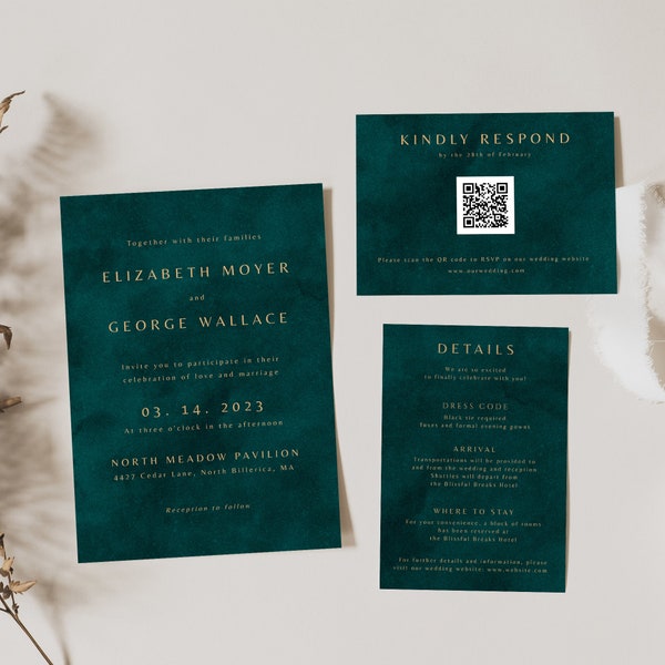 Emerald Gold Wedding Invitaion, Printable Wedding Invitation Template, Instant Download RSVP With QR Code Emerald Green Invitation Suite 024