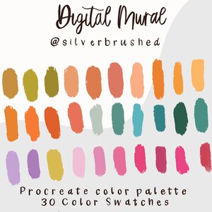 Może przedstawiać: Cyfrowa paleta kolorów z 30 próbkami kolorów w różnych odcieniach pomarańczowego, zielonego, różowego i niebieskiego. Tekst "Digital Mural" i "@silverbrushed" znajdują się na górze. Tekst "Procreate color palette" i "30 Color Swatches" znajdują się na dole.