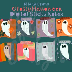 May include: Eight digital sticky notes featuring hand-drawn ghosts with different patterned backgrounds. The notes have a Halloween theme and include various colours like orange, purple, pink, and green.
