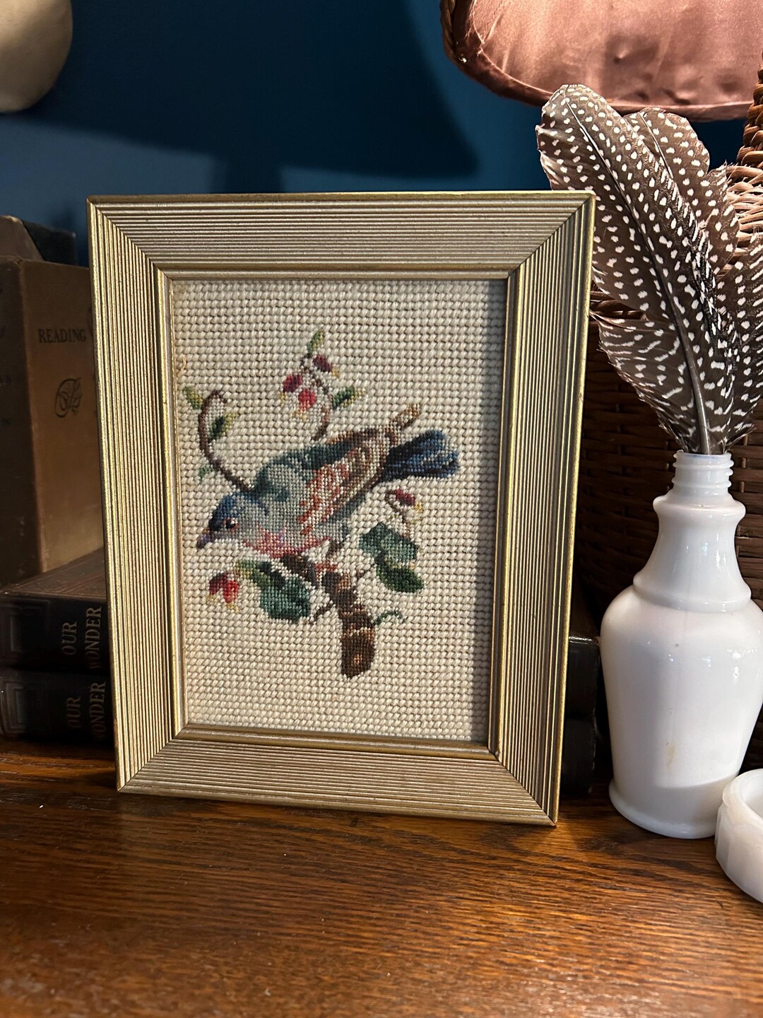 Vintage Blue Bird Needlepoint Famed Embroidery Petit Point Tapestry Art ...