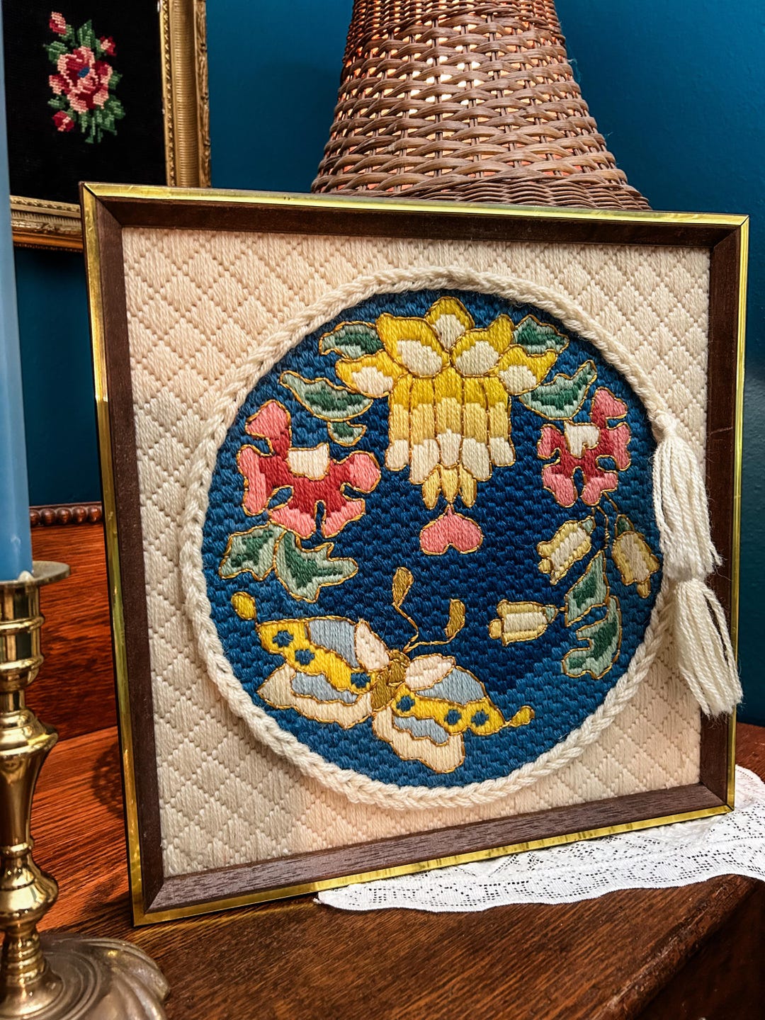 Vintage Framed Needlepoint Wall Art Floral & Butterfly Tapestry ...