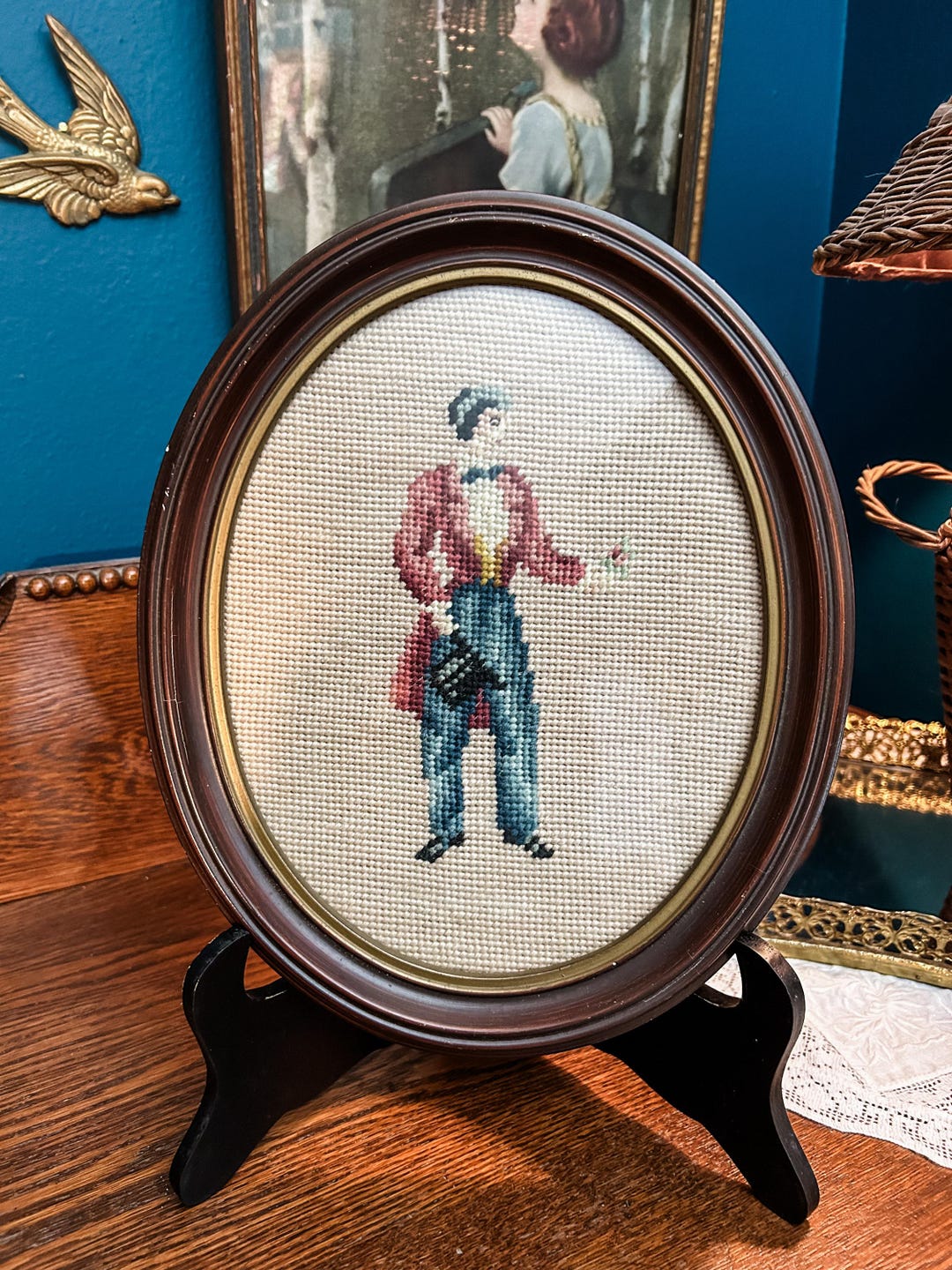 Vintage Needlepoint Gentleman Portrait Framed Wall Art Victorian Style ...