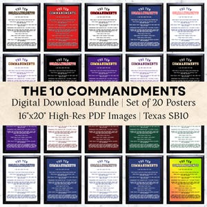 May include: A collection of 20 framed posters, each displaying the Ten Commandments. The posters feature various colored backgrounds and text. The text "THE TEN COMMANDMENTS" is at the top of each poster. The bundle is a digital download with 16"x20" images.