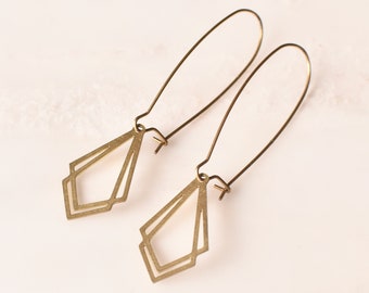 Double Kite Drop Earrings  |  Geometric Double Kite Double Diamond Raw Brass Drop Earrings on Long Kidney Wire  |  Handmade in Moscow, Idaho