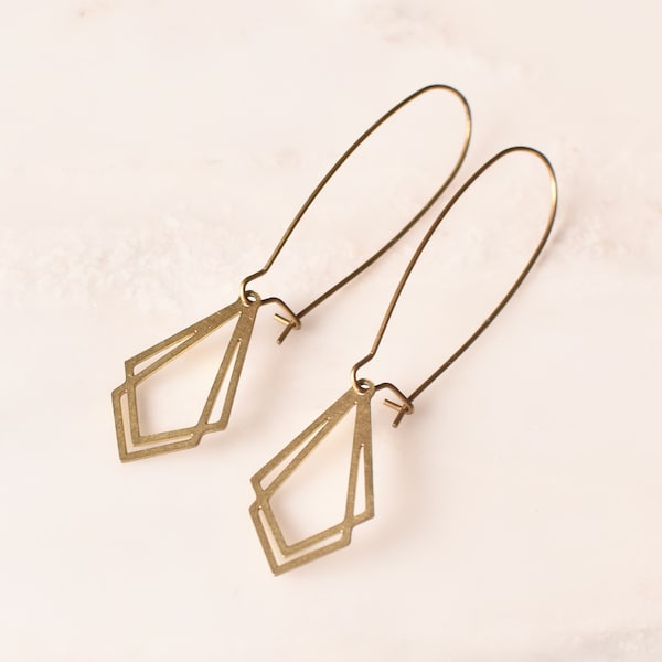 Double Kite Drop Earrings  |  Geometric Double Kite Double Diamond Raw Brass Drop Earrings on Long Kidney Wire  |  Handmade in Moscow, Idaho