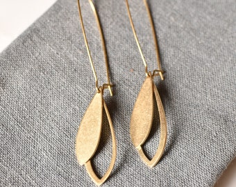 Double Petal Drop Earrings  |  Double Petal Leaf Shaped Raw Brass Drop Earrings on Kidney Wires | Botanical Jewelry | Handmade in Moscow, ID