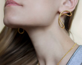 Weird Earrings Large Stud Earrings Gold Wave Earrings Unusual Earrings 22k Gold Vermeil Statement Earrings for Mom Grunge Y2k Jewelry