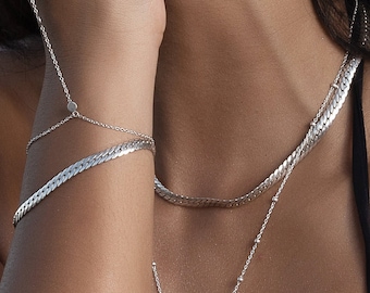 Bracciale a catena piatta a serpente, bracciale a spina di pesce in argento, bracciale a spina di pesce spesso 4 mm, bracciale a strati in argento, regalo per lei, tendenza