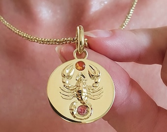 Gold Scorpio Necklace Dual Birthstone Necklace for Mom Zodiac Necklace Citrine Pink Tourmaline Charm Astrology Jewelry Best selling Gift Mom