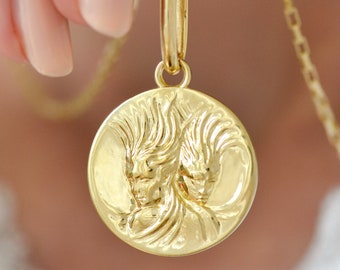 Shiny Gemini Coin Pendant Sterling Silver Astrology Gemini Birthday Gift Idea Duality Charm Gold Castor and Pollux jewelry