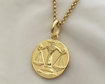 Libra Necklace Coin Pendant Necklace Gold Vermeil Libra Zodiac Jewelry Scales of Justice Balance Charm Bday Gift Lawyer Gift for Graduation