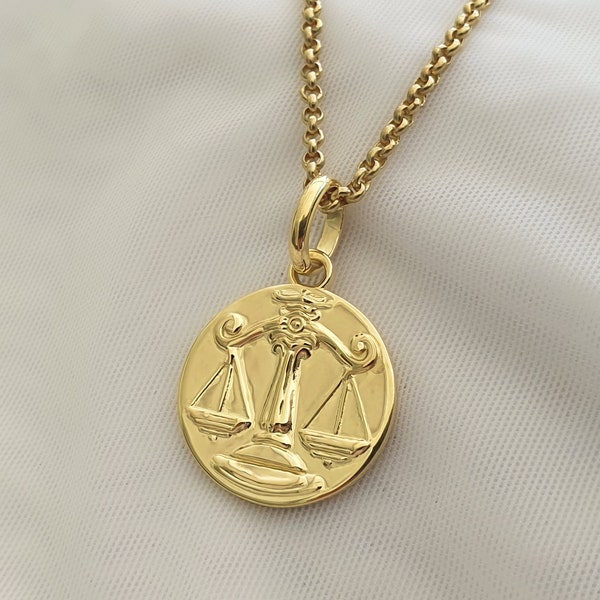 Anhänger Münze Gold Vermeil Halskette Libra Sternzeichen Schmuck Waage der Gerechtigkeit Balance Charme Juristin Schmuck