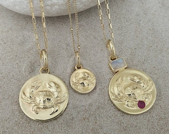 Gold Crab Necklace July Birthstone Necklace for Mom Embossed Cancer Zodiac Pendant Moonstone Ruby Medallion Personalised Gift for Daughter