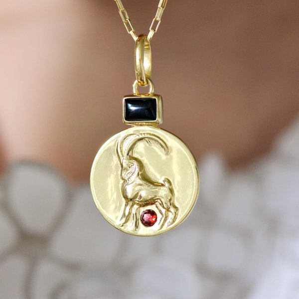 Gold Capricorn Necklace Zodiac Necklace January Birthstone Necklace  Embossed Goat Necklace Black Onyx Garnet Personalized Gifts for Mom