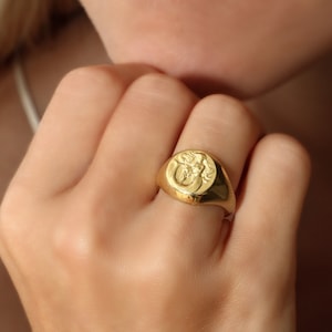 Gold Zodiac Signet Ring Chunky Aquarius Ring Mermaidcore Sea Sailor Jewelry Pinky Signet Ring Solid Silver Ocean Jewelry Gift for Daughter