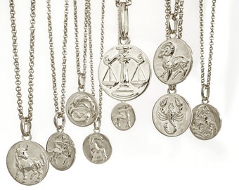 Silver Zodiac Pendant Necklace Personalized Astrology Medallion Sterling Silver Coin Pendant Horoscope Charm Celestial Jewelry Christma Gift