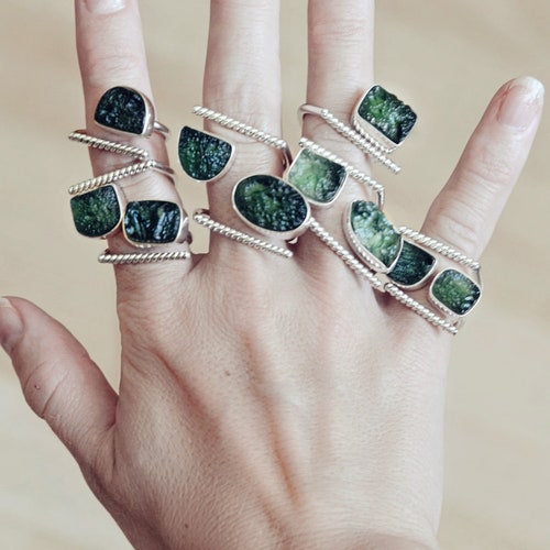 Adjustable Silver Ring Boho size 7.5, shops Square Gemstone Ring, Moldavite Ring, Meteorite Ring his and hers, Meteorite Couple Rings